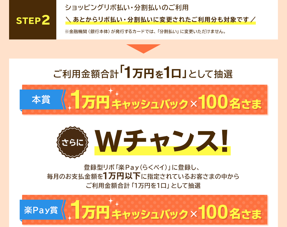 STEP 2 ショッピングリボ払い・分割払いのご利用 あとからリボ払い・分割払いに変更されたご利用分も対象です ※金融機関(銀行本体)が発行するカードでは、「分割払い」に変更いただけません。 → ご利用金額合計「1万円を1口」として抽選 本賞 1万円キャッシュバック×100名さま さらにWチャンス! 登録型リボ「楽Pay(らくペイ)」に登録し、毎月のお支払金額を1万円以下に指定されているお客さまの中からご利用金額合計「1万円を1口」として抽選 楽Pay賞 1万円キャッシュバック×100名さま