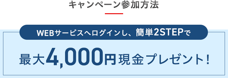 キャンペーン参加方法 WEBサービスへログインし、簡単2STEPで最大4,000円現金プレゼント！
