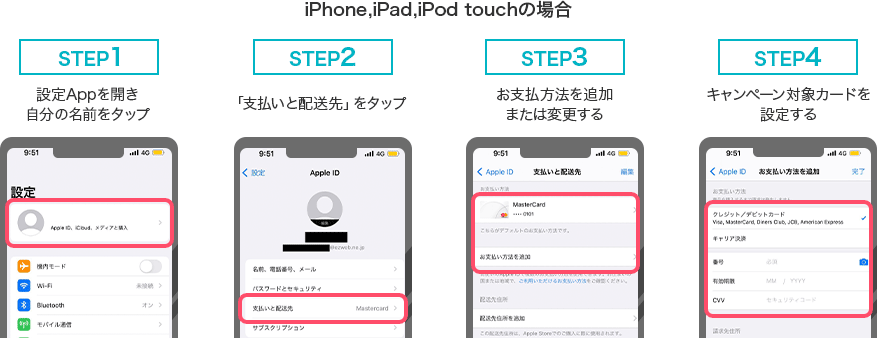 iPhone,iPad,iPod touchの場合 STEP1 設定Appを開き自分の名前をタップ STEP2 「支払いと配送先」をタップ STEP3 お支払方法を追加または変更する STEP4 キャンペーン対象カードを設定する
