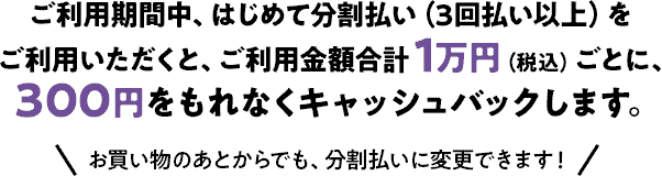 ご利用期間中、はじめて分割払い(3回払い以上)をご利用いただくと、ご利用金額合計1万円(税込)ごとに、300円をもれなくキャッシュバックします。 お買い物のあとからでも、分割払いに変更できます! ご利用期間中、はじめて分割払い(3回払い以上)をご利用いただくと、ご利用金額合計1万円(税込)ごとに、300円をもれなくキャッシュバックします。 お買い物のあとからでも、分割払いに変更できます!