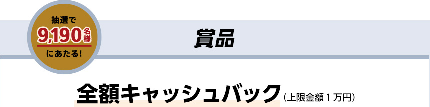 抽選で9,190名様にあたる！ 賞品 全額キャッシュバック（上限金額１万円）