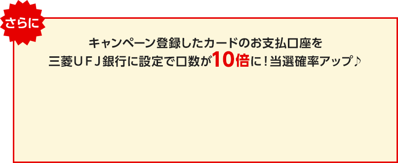 さらに キャンペーン登録したカードのお支払口座を三菱ＵＦＪ銀行に設定で口数が10倍に！当選確率アップ♪