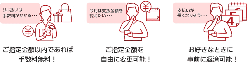 リボ払いは手数料がかかる・・・ ご指定金額以内であれば手数料無料！ 今月は支払金額を変えたい・・・ ご指定金額を自由に変更可能！ 支払いが長くなりそう・・・ お好きなときに事前に返済可能！