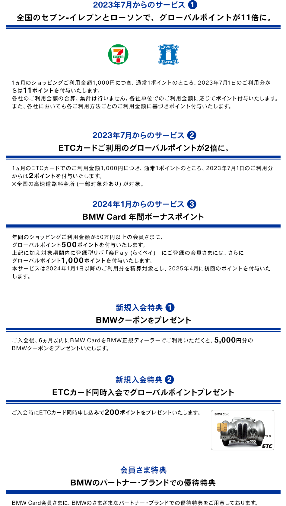 2023年7月からのサービス1 全国のセブン‐イレブンとローソンで、グローバルポイントが11倍に。 7 ELEVEN LAWSON STATION 1ヵ月のショッピングご利用金額1,000円につき、通常1ポイントのところ、2023年7月1日のご利用分からは11ポイントを付与いたします。 各社のご利用金額の合算、集計は行いません。各社単位でのご利用金額に応じてポイント付与いたします。また、各社においても各ご利用方法ごとのご利用金額に基づきポイント付与いたします。 2023年7月からのサービス2 ETCカードご利用のグローバルポイントが2倍に。 1ヵ月のETCカードでのご利用金額1,000円につき、通常1ポイントのところ、2023年7月1日のご利用分からは2ポイントを付与いたします。 ※全国の高速道路料金所（一部対象外あり）が対象。 2024年1月からのサービス3 BMW Card 年間ボーナスポイント 年間のショッピングご利用金額が50万円以上の会員さまに、グローバルポイント500ポイントを付与いたします。 上記に加え対象期間内に登録型リボ「楽Ｐａｙ（らくペイ）」にご登録の会員さまには、さらにグローバルポイント1,000ポイントを付与いたします。 本サービスは2024年1月1日以降のご利用分を積算対象とし、2025年4月に初回のポイントを付与いたします。 新規入会特典1 BMWクーポンをプレゼント ご入会後、6ヵ月以内にBMW CardをBMW正規ディーラーでご利用いただくと、5,000円分のBMWクーポンをプレゼントいたします。 新規入会特典2 ETCカード同時入会でグローバルポイントプレゼント ご入会時にETCカード同時申し込みで200ポイントをプレゼントいたします。 BMW Card ETCカード 券面 会員さま特典 BMWのパートナー・ブランドでの優待特典 BMW Card会員さまに、BMWのさまざまなパートナー・ブランドでの優待特典をご用意しております。