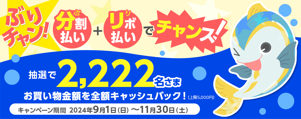 ぶりチャン! ぶ 分割払い + り リボ払い でチャンス! 抽選で2,222名さま お買い物金額を全額キャッシュバック！ （上限5,000円） キャンペーン期間 2024年9月1日（日）～11月30日（土）