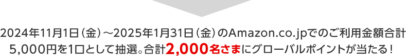 2024年11月1日（金）～2025年1月31日（金）のAmazon.co.jpでのご利用金額合計5,000円を1口として抽選。合計2,000名さまにグローバルポイントが当たる！