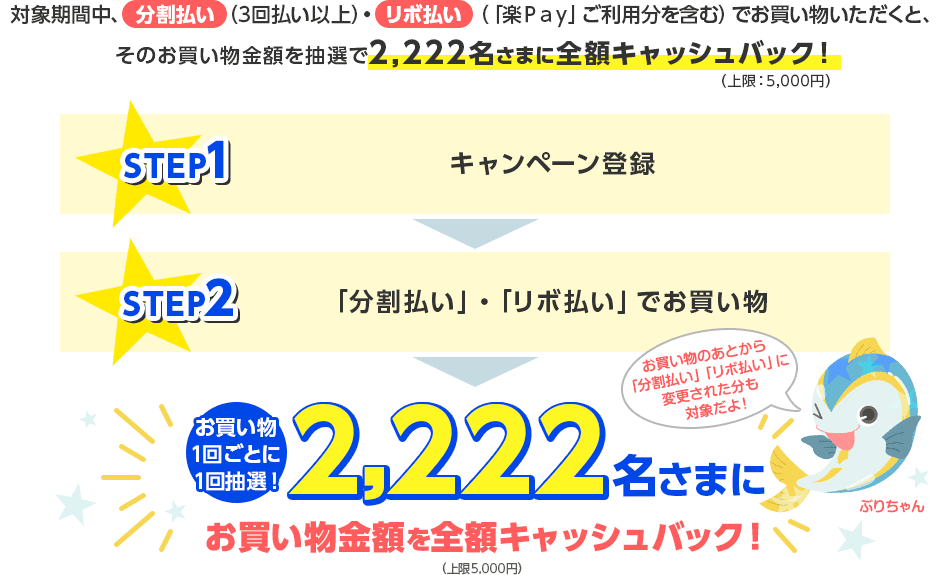 対象期間中、 分割払い （3回払い以上）・ リボ払い （「楽Ｐａｙ」ご利用分を含む）でお買い物いただくと、そのお買い物金額を抽選で2,222名さまに全額キャッシュバック！ （上限：5,000円） STEP1 キャンペーン登録 STEP2 「分割払い」・「リボ払い」でお買い物 お買い物のあとから「分割払い」「リボ払い」に変更された分も対象だよ！ ぶりちゃん お買い物1回ごとに1回抽選！ 2,222名さまにお買い物金額を全額キャッシュバック！ （上限5,000円）