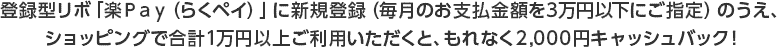 登録型リボ「楽Ｐａｙ（らくペイ）」に新規登録（毎月のお支払金額を3万円以下にご指定）のうえ、ショッピングで合計1万円以上ご利用いただくと、もれなく2,000円キャッシュバック！