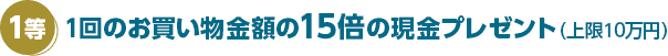 1等 1回のお買い物金額の15倍の現金プレゼント（上限10万円）