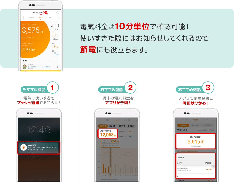 電気料金は10分単位で確認可能!使いすぎた際にはお知らせしてくれるので節電にも役立ちます。 おすすめ機能1 電気の使いすぎをプッシュ通知でお知らせ! おすすめ機能2 月末の電気料金をアプリが予測! おすすめ機能3 アプリで請求金額と明細が分かる! 電気料金は10分単位で確認可能!使いすぎた際にはお知らせしてくれるので節電にも役立ちます。 おすすめ機能1 電気の使いすぎをプッシュ通知でお知らせ! おすすめ機能2 月末の電気料金をアプリが予測! おすすめ機能3 アプリで請求金額と明細が分かる!