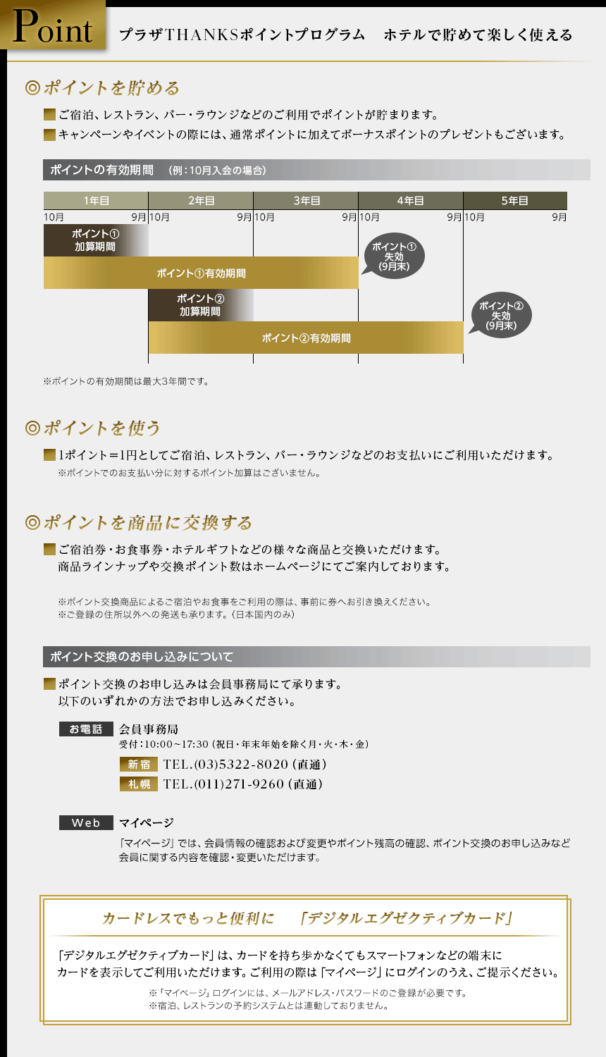 Point プラザTHANKSポイントプログラム ホテルで貯めて楽しく使える ポイントを貯める ご宿泊、レストラン、バー・ラウンジなどのご利用でポイントが貯まります。 キャンペーンやイベントの際には、通常ポイントに加えてボーナスポイントのプレゼントもございます。 ポイントの有効期間 （例：10月入会の場合） 1年目 2年目 3年目 4年目 5年目 10月 9月 10月 9月 10月 9月 10月 9月 10月 9月 ポイント①加算期間 ポイント①有効期間 ポイント①失効（9月末） ポイント②加算期間 ポイント②有効期間 ポイント②失効（9月末） ※ポイントの有効期間は最大3年間です。 ポイントを使う 1ポイント＝1円としてご宿泊、レストラン、バー・ラウンジなどのお支払いにご利用いただけます。 ※ポイントでのお支払い分に対するポイント加算はございません。 ポイントを商品に交換する ご宿泊券・お食事券・ホテルギフトなどの様々な商品と交換いただけます。商品ラインナップや交換ポイント数はホームページにてご案内しております。 ※ポイント交換商品によるご宿泊やお食事をご利用の際は、事前に券へお引き換えください。 ※ご登録の住所以外への発送も承ります。（日本国内のみ） ポイント交換のお申し込みについて ポイント交換のお申し込みは会員事務局にて承ります。以下のいずれかの方法でお申し込みください。 お電話 会員事務局 受付：10:00～17:30（祝日・年末年始を除く月・火・木・金） 新宿 TEL.(03)5322-8020（直通） 札幌 TEL.(011)271-9260（直通） Web マイページ 「マイページ」では、会員情報の確認および変更やポイント残高の確認、ポイント交換のお申し込みなど会員に関する内容を確認・変更いただけます。 カードレスでもっと便利に 「デジタルエグゼクティブカード」 「デジタルエグゼクティブカード」は、カードを持ち歩かなくてもスマートフォンなどの端末にカードを表示してご利用いただけます。ご利用の際は「マイページ」にログインのうえ、ご提示ください。 ※「マイページ」ログインには、メールアドレス・パスワードのご登録が必要です。 ※宿泊、レストランの予約システムとは連動しておりません。