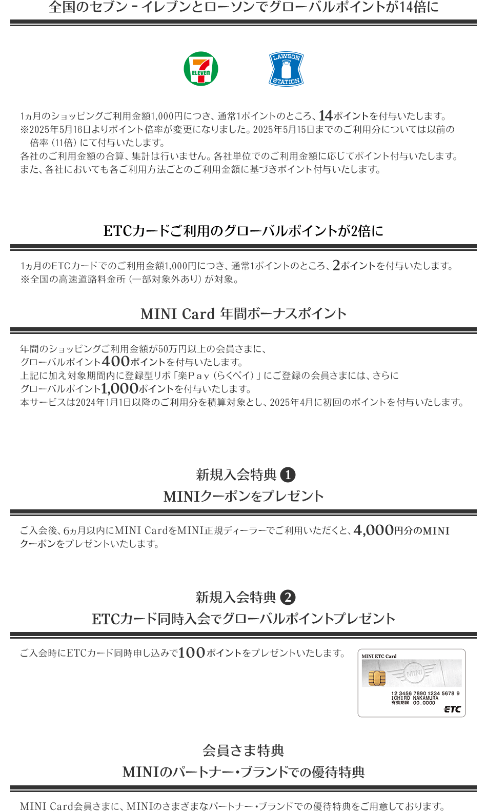 全国のセブン‐イレブンとローソンでグローバルポイントが14倍に 7 ELEVEN LAWSON STATION 1ヵ月のショッピングご利用金額1,000円につき、通常1ポイントのところ、14ポイントを付与いたします。 ※2025年5月16日よりポイント倍率が変更になりました。2025年5月15日までのご利用分については以前の倍率（11倍）にて付与いたします。 各社のご利用金額の合算、集計は行いません。各社単位でのご利用金額に応じてポイント付与いたします。また、各社においても各ご利用方法ごとのご利用金額に基づきポイント付与いたします。 ETCカードご利用のグローバルポイントが2倍に 1ヵ月のETCカードでのご利用金額1,000円につき、通常1ポイントのところ、2ポイントを付与いたします。 ※全国の高速道路料金所（一部対象外あり）が対象。 MINI Card 年間ボーナスポイント 年間のショッピングご利用金額が50万円以上の会員さまに、グローバルポイント400ポイントを付与いたします。上記に加え対象期間内に登録型リボ「楽Ｐａｙ（らくペイ）」にご登録の会員さまには、さらにグローバルポイント1,000ポイントを付与いたします。本サービスは2024年1月1日以降のご利用分を積算対象とし、2025年4月に初回のポイントを付与いたします。 新規入会特典1 MINIクーポンをプレゼント ご入会後、6ヵ月以内にMINI CardをMINI正規ディーラーでご利用いただくと、4,000円分のMINIクーポンをプレゼントいたします。 新規入会特典2 ETCカード同時入会でグローバルポイントプレゼント ご入会時にETCカード同時申し込みで100ポイントをプレゼントいたします。 MINI ETC CARD 券面 会員さま特典 MINIのパートナー・ブランドでの優待特典 MINI Card会員さまに、MINIのさまざまなパートナー・ブランドでの優待特典をご用意しております。