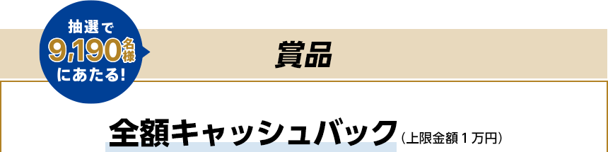 抽選で9,190名様にあたる! 賞品 全額キャッシュバック(上限金額1万円) 抽選で9,190名様にあたる! 賞品 全額キャッシュバック(上限金額1万円)