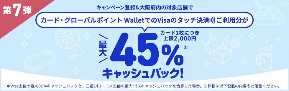 第7弾 キャンペーン登録&大阪府内の対象店舗でカード・グローバルポイント WalletでのVisaのタッチ決済ご利用分が最大45%＊キャッシュバック！ カード1枚につき上限2,000円 ＊Visa主催の最大30%キャッシュバックと、三菱UFJニコス主催の最大15%キャッシュバックを合算した場合。 ※詳細は以下記載の内容をご確認ください。