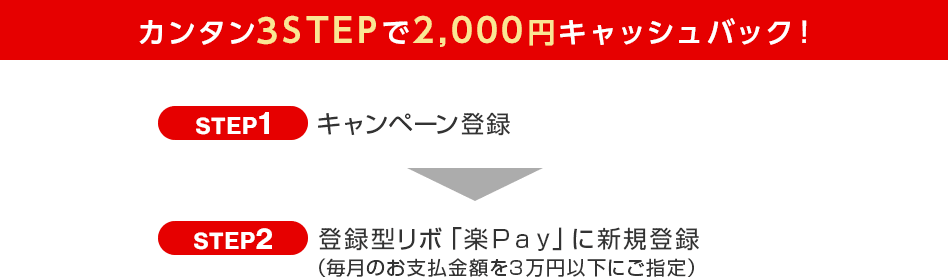 カンタン3STEPで2,000円キャッシュバック! STEP1 キャンペーン登録 STEP2 登録型リボ「楽Pay」に新規登録(毎月のお支払金額を3万円以下にご指定) カンタン3STEPで2,000円キャッシュバック! STEP1 キャンペーン登録 STEP2 登録型リボ「楽Pay」に新規登録(毎月のお支払金額を3万円以下にご指定)