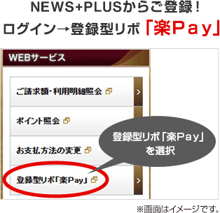 NEWS+PLUSからご登録！ログイン→登録型リボ「楽Ｐａｙ」 登録型リボ「楽Ｐａｙ」を選択 ※画面はイメージです。