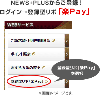 NEWS+PLUSからご登録!ログイン→登録型リボ「楽Pay」 登録型リボ「楽Pay」を選択 ※画面はイメージです。 NEWS+PLUSからご登録!ログイン→登録型リボ「楽Pay」 登録型リボ「楽Pay」を選択 ※画面はイメージです。