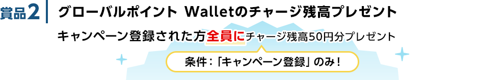 賞品2 グローバルポイント Walletのチャージ残高プレゼント キャンペーン登録された方全員にチャージ残高50円分プレゼント 条件：「キャンペーン登録」のみ！