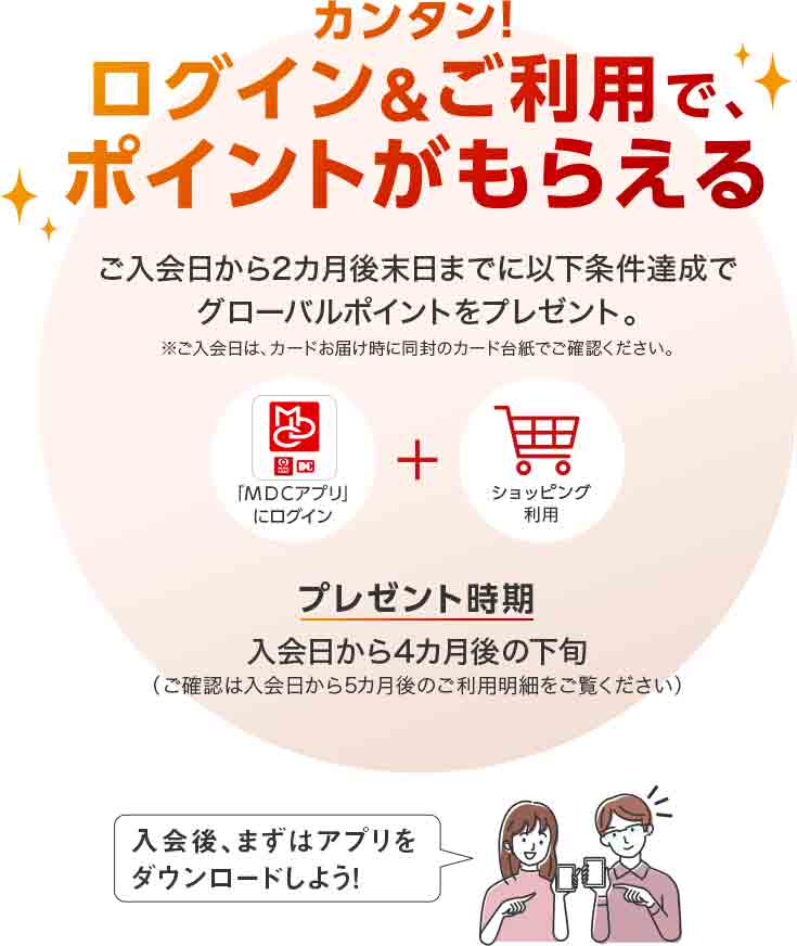 カンタン!ログイン&ご利用で、ポイントがもらえる ご入会日から2カ月後末日までに以下条件達成でグローバルポイントをプレゼント。 ※ご入会日は、カードお届け時に同封のカード台紙でご確認ください。 MDCマーク(旧MUFGカード、旧DCカード) 「MDCアプリ」にログイン + ショッピング利用 プレゼント時期 入会日から4カ月後の下旬 (ご確認は入会日から5カ月後のご利用明細をご覧ください) 入会後、まずはアプリをダウンロードしよう! カンタン!ログイン&ご利用で、ポイントがもらえる ご入会日から2カ月後末日までに以下条件達成でグローバルポイントをプレゼント。 ※ご入会日は、カードお届け時に同封のカード台紙でご確認ください。 MDCマーク(旧MUFGカード、旧DCカード) 「MDCアプリ」にログイン + ショッピング利用 プレゼント時期 入会日から4カ月後の下旬 (ご確認は入会日から5カ月後のご利用明細をご覧ください) 入会後、まずはアプリをダウンロードしよう!